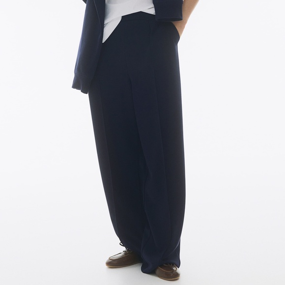 H&M High Waist Wide Leg Dress Pants Navy Blue Large Jersey Stretch Office Casual - Picture 1 of 12